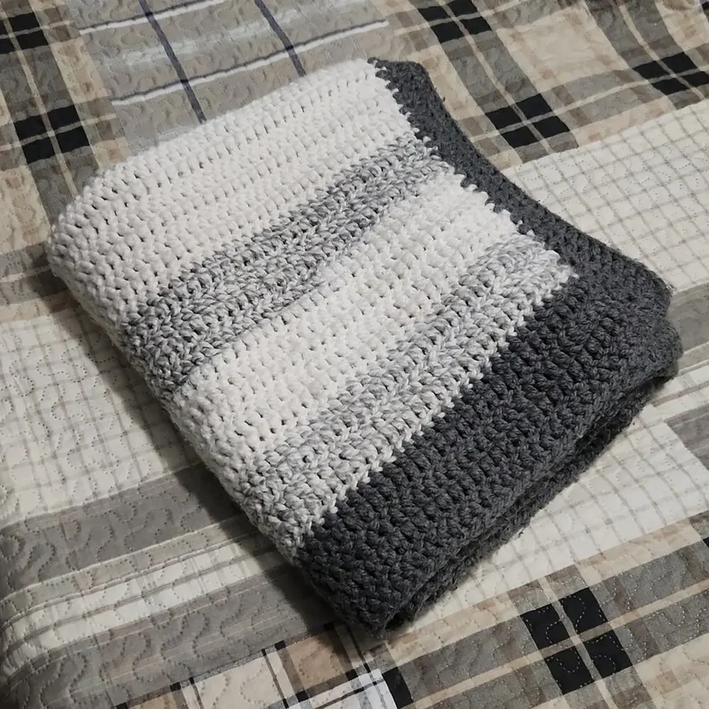 Beautiful handmade crochet blanket throw stripes greys and white rug